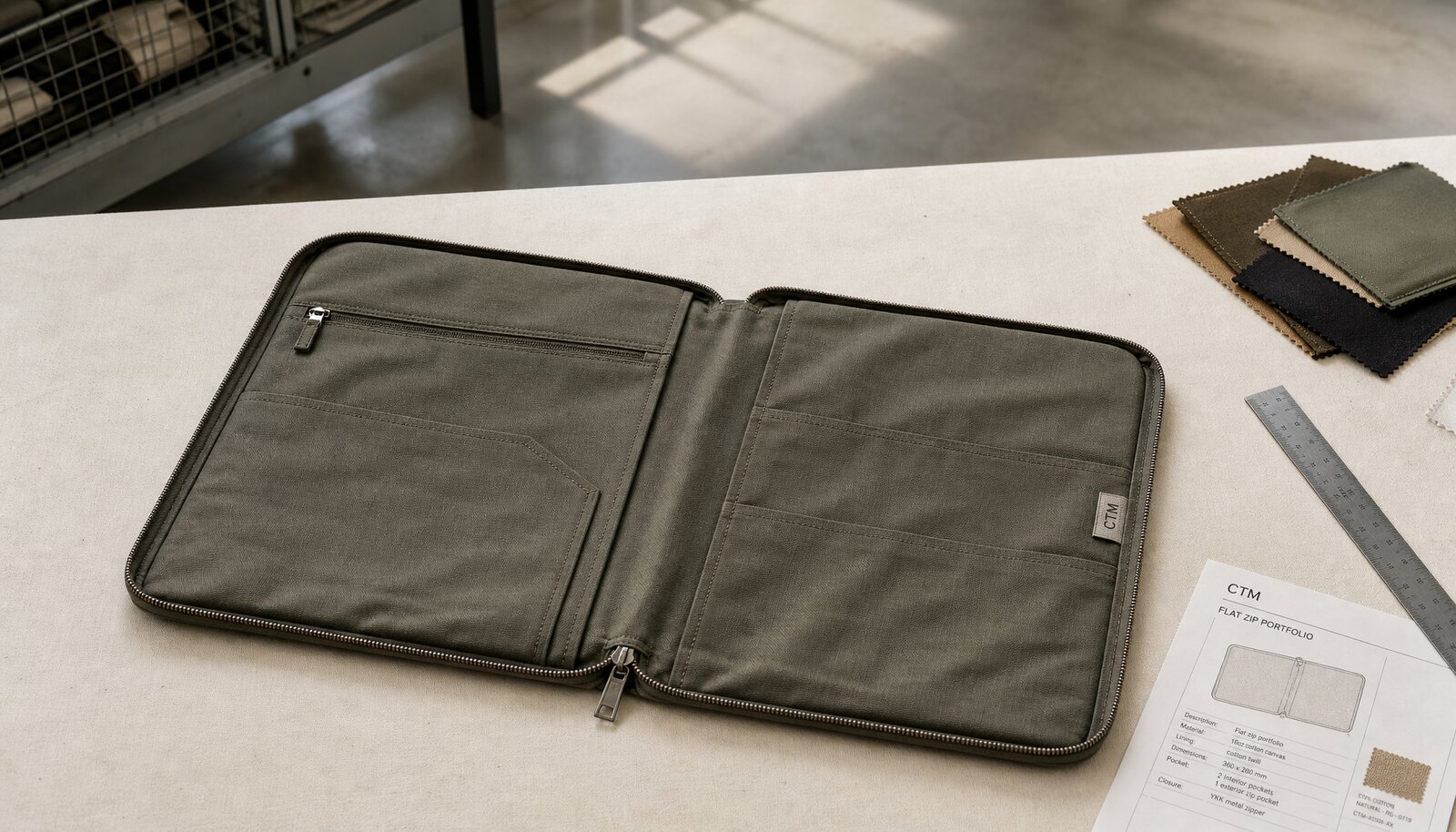 Canvas zipper portfolio sample with a small CTM logo shown in a clean factory sample room