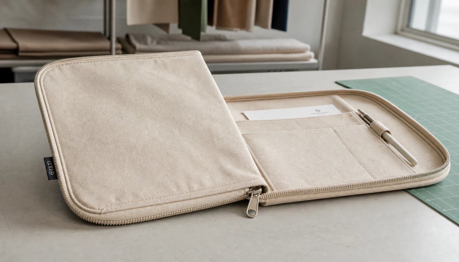 Canvas zipper portfolio sample with zipper, interior pocket, and CTM woven side label in a factory sample room.
