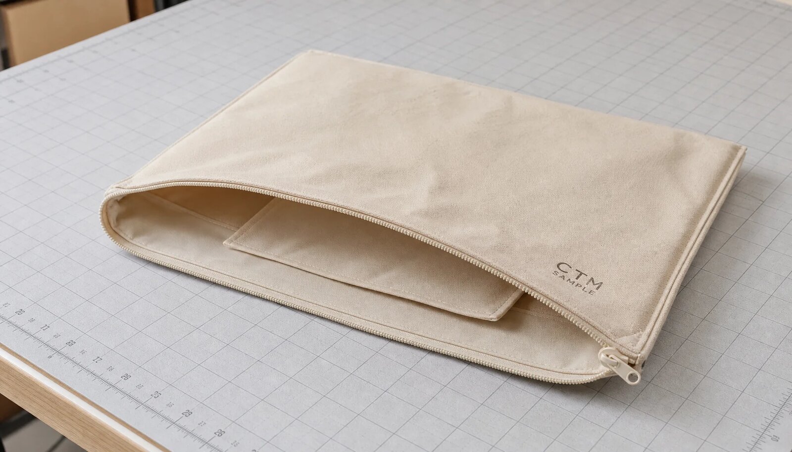 Natural canvas zipper portfolio with screen printed logo and reinforced zipper construction