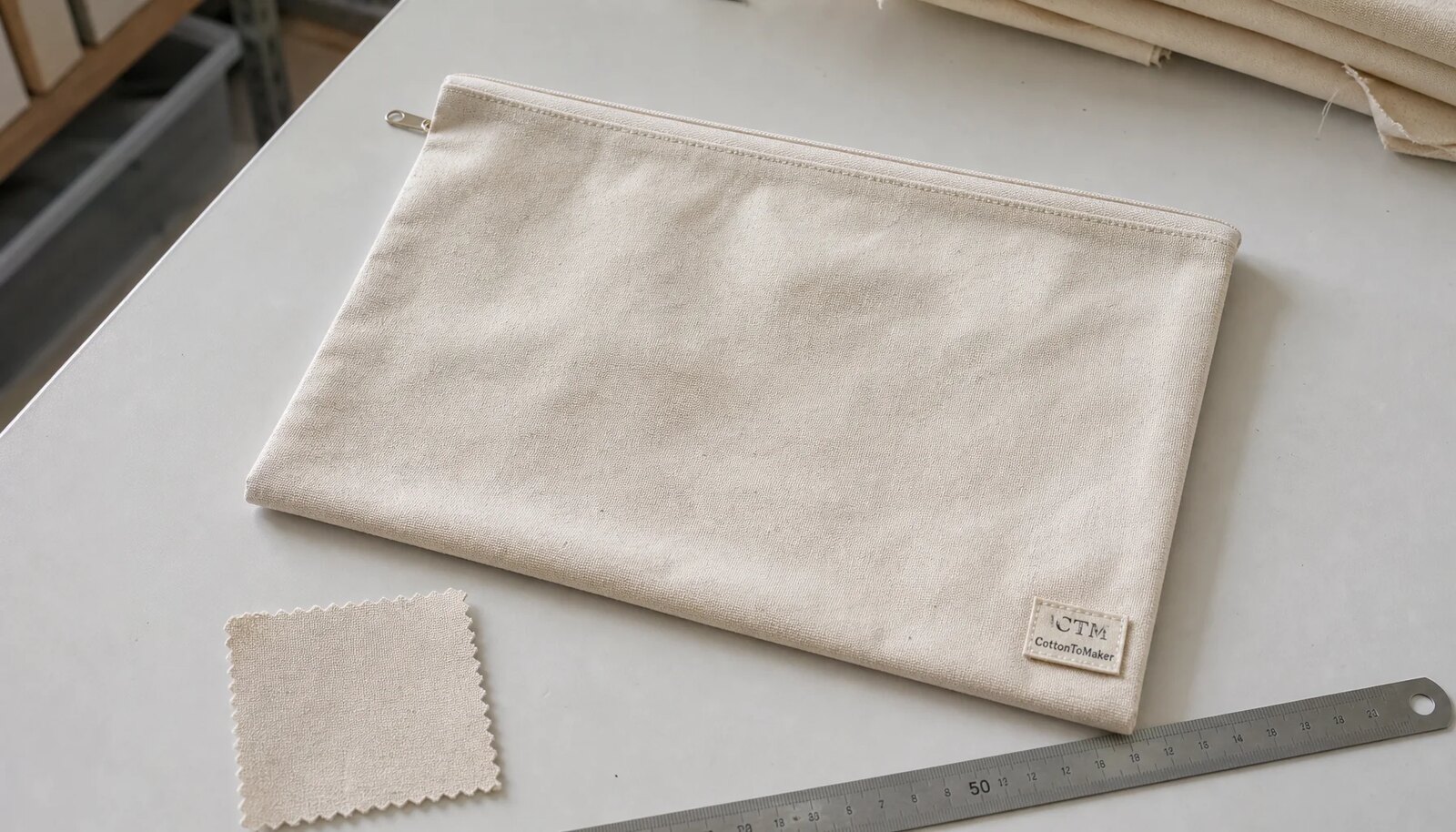 Natural canvas zipper portfolio with a sewn CTM sample label in a factory sample room.