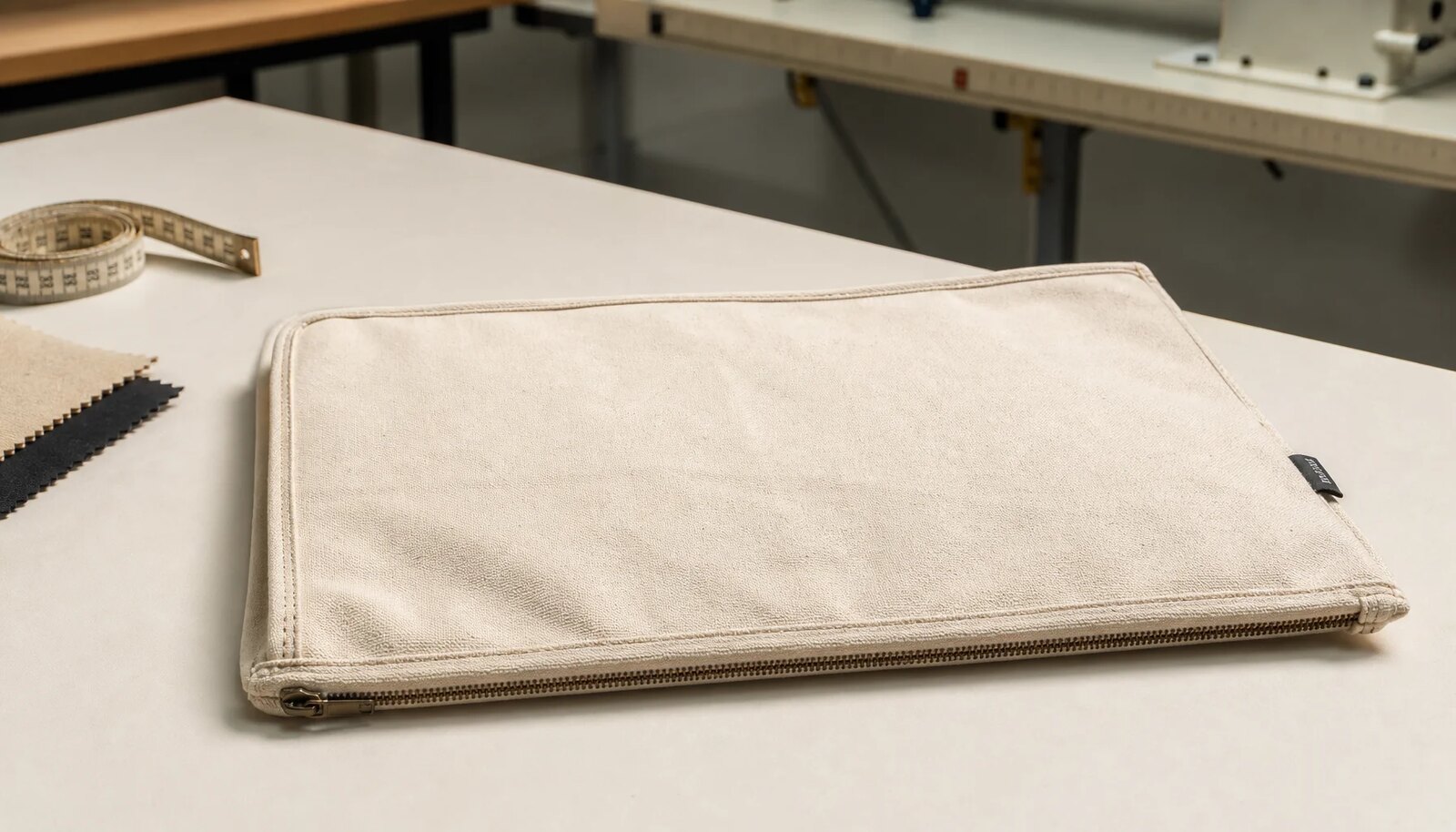 Natural canvas zipper portfolio with reinforced stitching and sewn CTM side label in a factory sample room