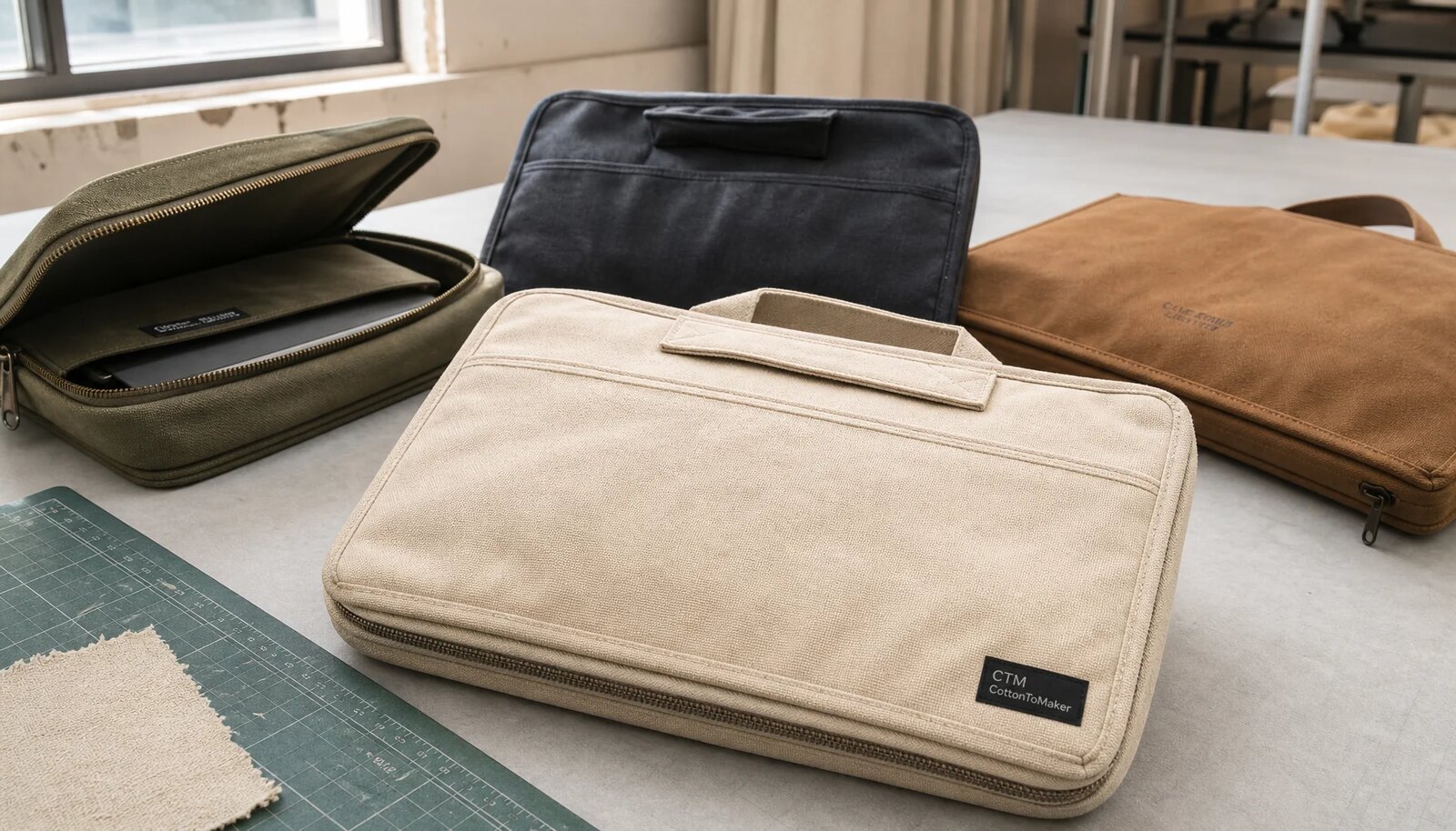 Canvas zipper portfolios with a sewn CTM CottonToMaker side label in a factory sample room