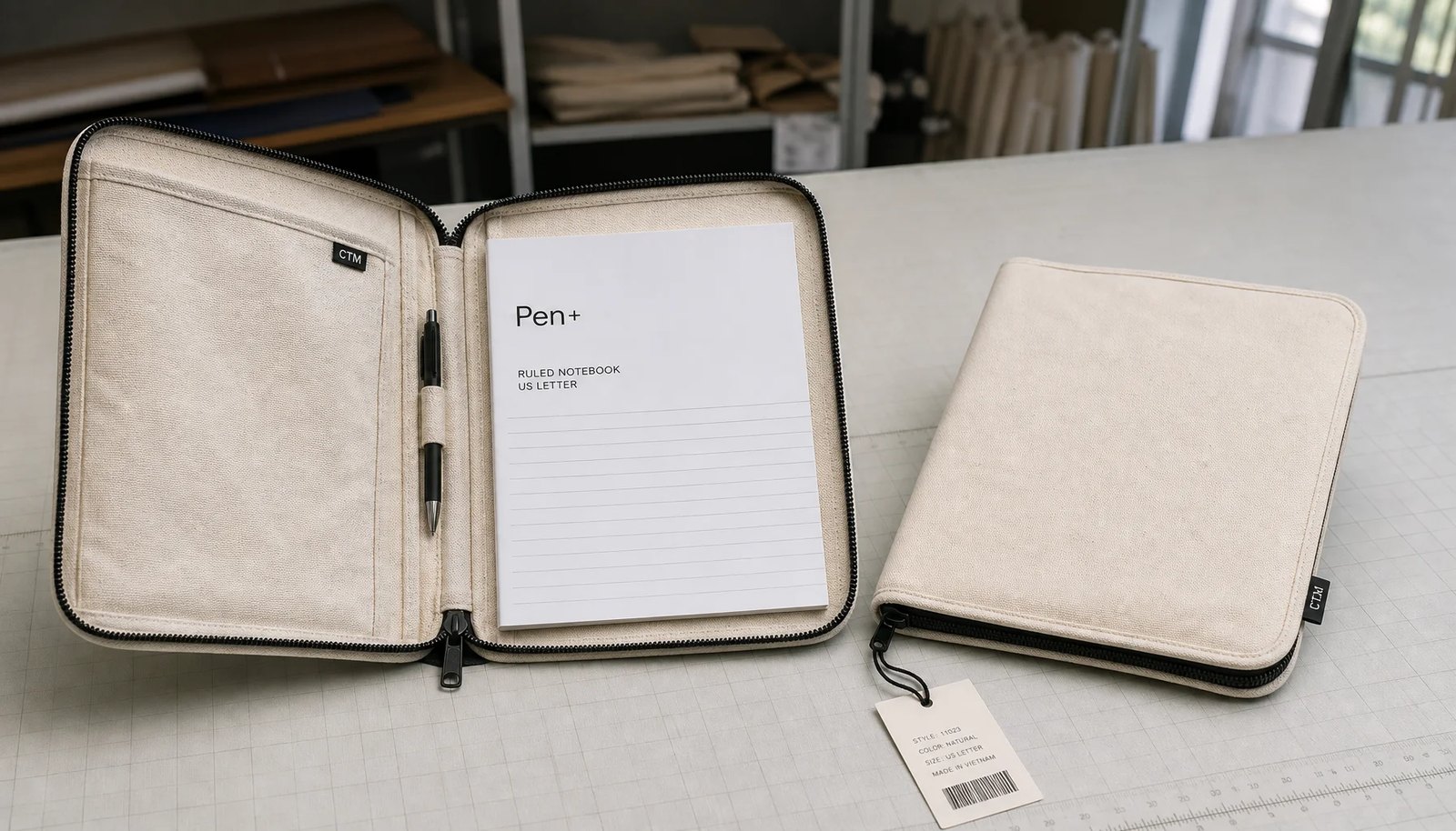 Canvas zipper portfolio sample with CTM woven side label, document sleeve, pen loop, barcode tag, and reinforced stitching for university bookstore quality inspection