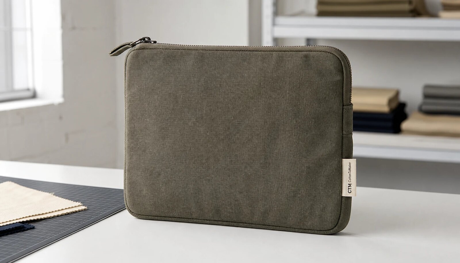 A canvas zipper portfolio with a small CTM/CottonToMaker sample logo in a clean factory sample room