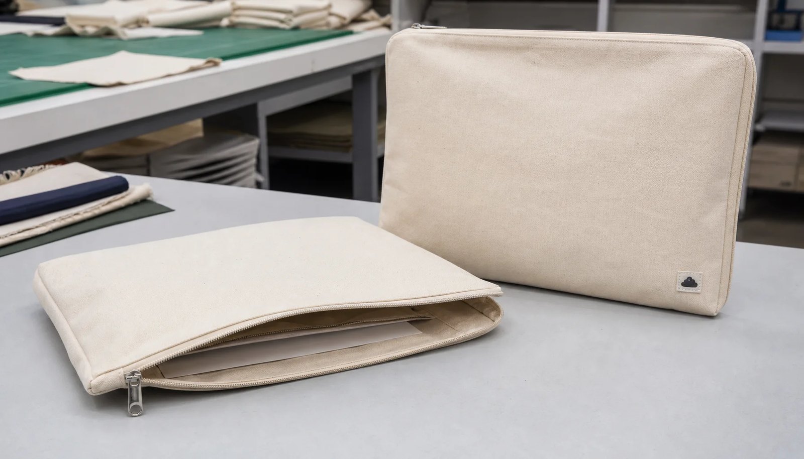 Natural canvas zipper portfolio with CTM sample logo for university bookstore sourcing