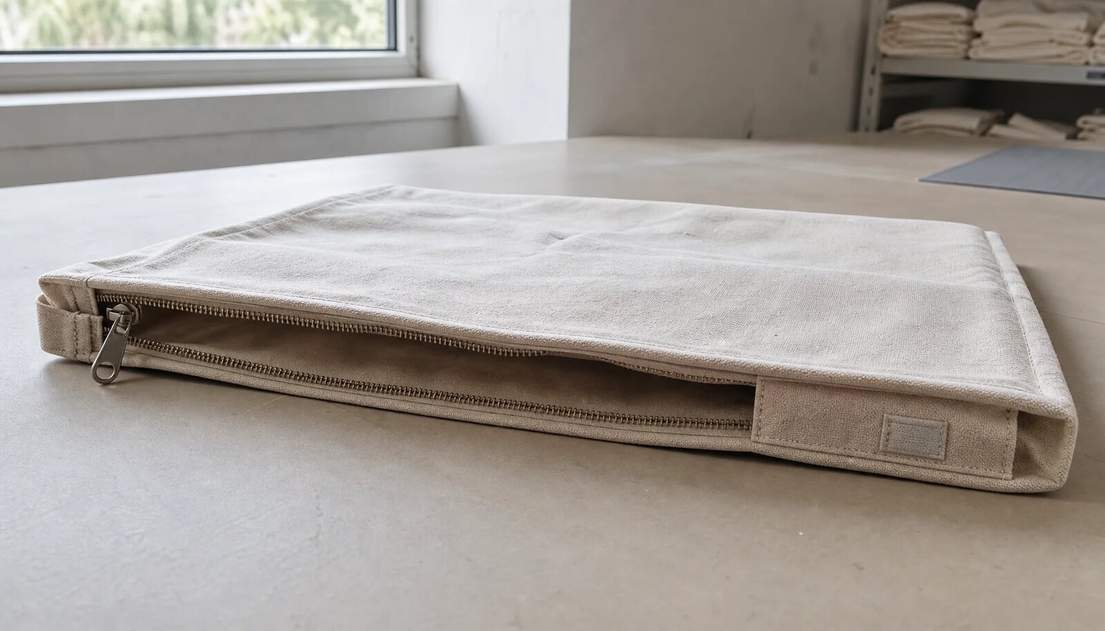 Canvas zipper portfolio with stitched CTM side label in a clean factory sample room