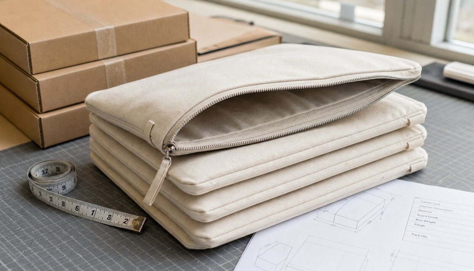 Canvas zipper portfolios in a factory sample room next to carton samples and packing specs