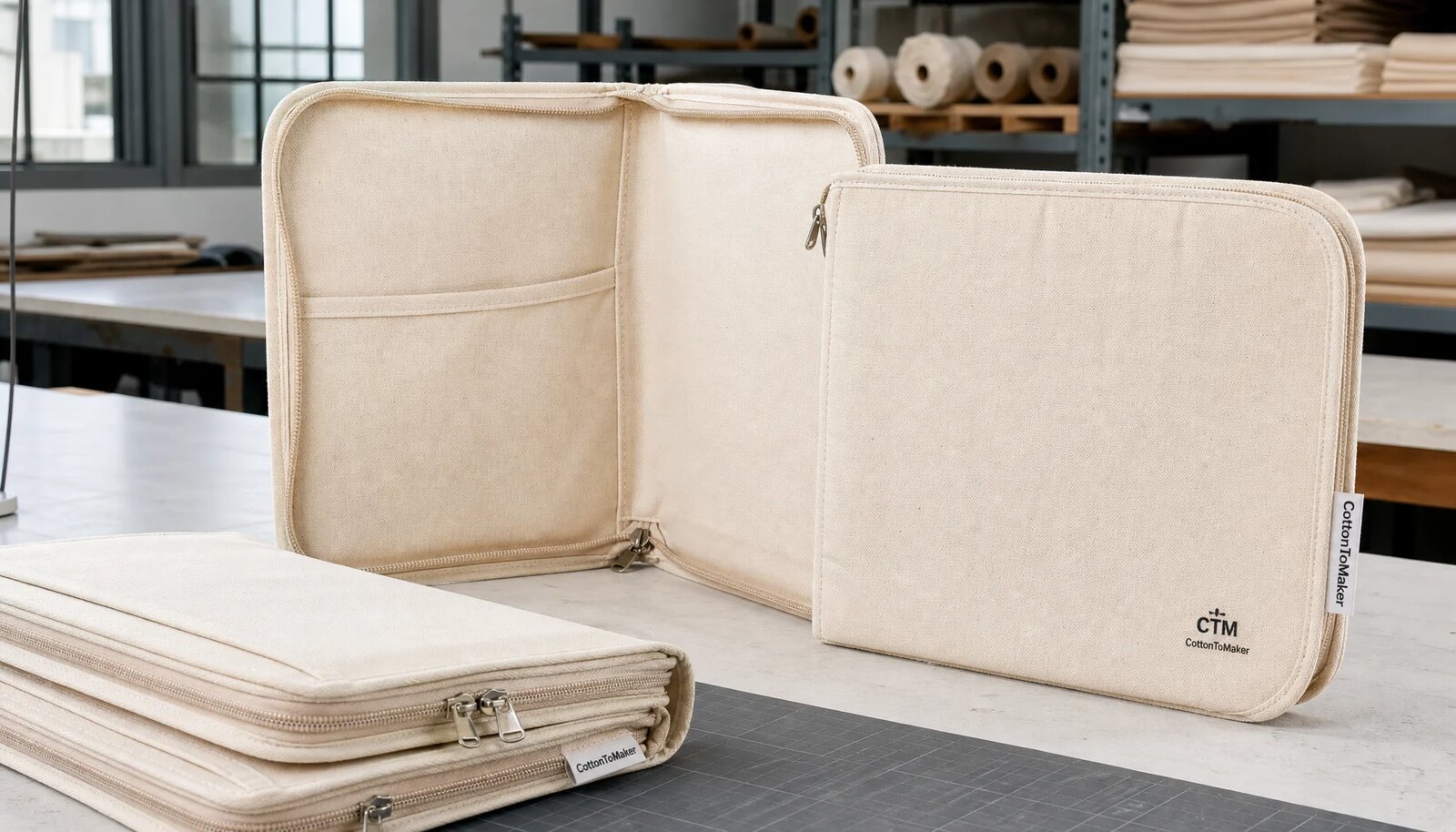 Natural canvas zipper portfolios with CTM sample logo and CottonToMaker side label in a factory sample room