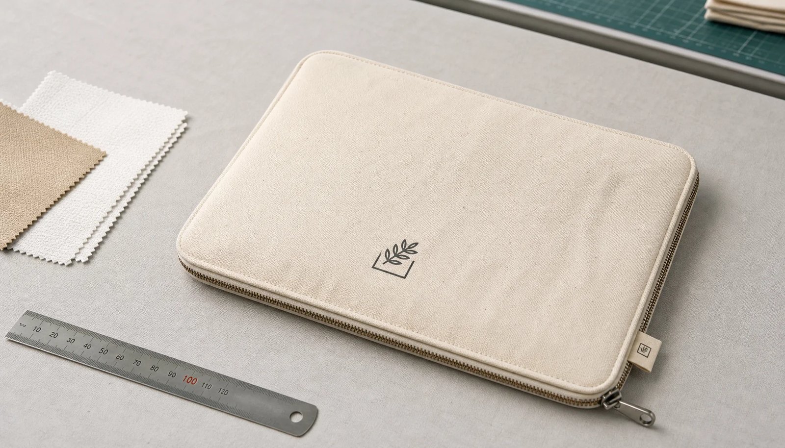 Canvas zipper portfolio with a CottonToMaker sample logo and side label in a clean studio setting