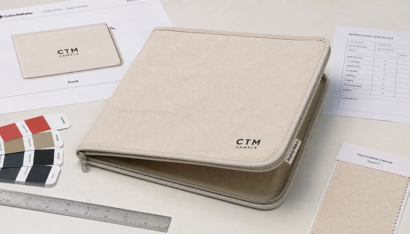 Natural canvas zipper portfolio with CTM sample logo, zipper, stitching, ruler, swatches, and print proof materials on a studio table
