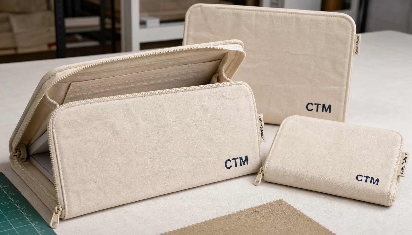 Natural canvas zipper portfolios with CTM logo for university bookstore RFQ sample review