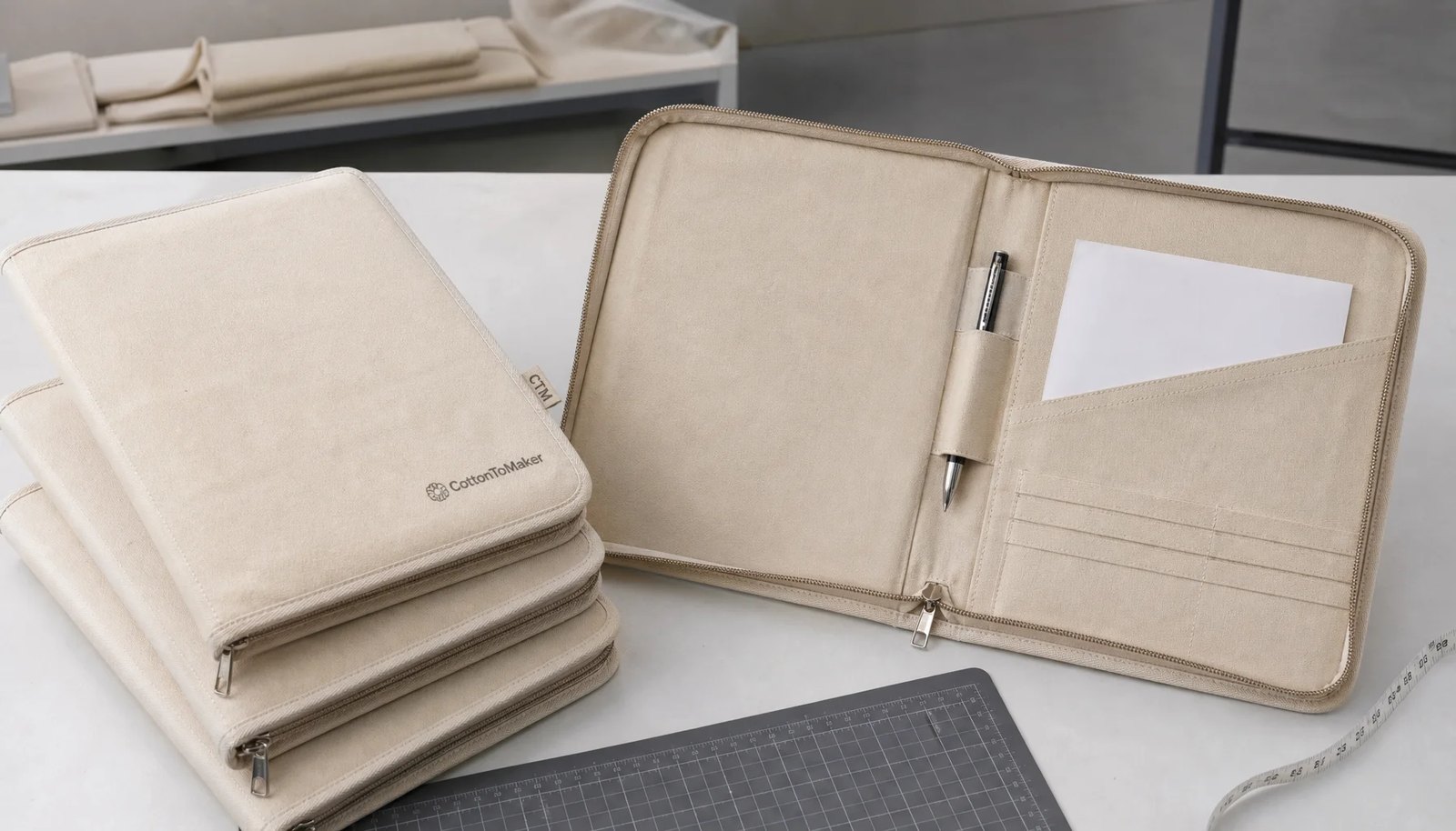 Natural canvas zipper portfolios with CTM side label and CottonToMaker sample logo in a clean studio setting
