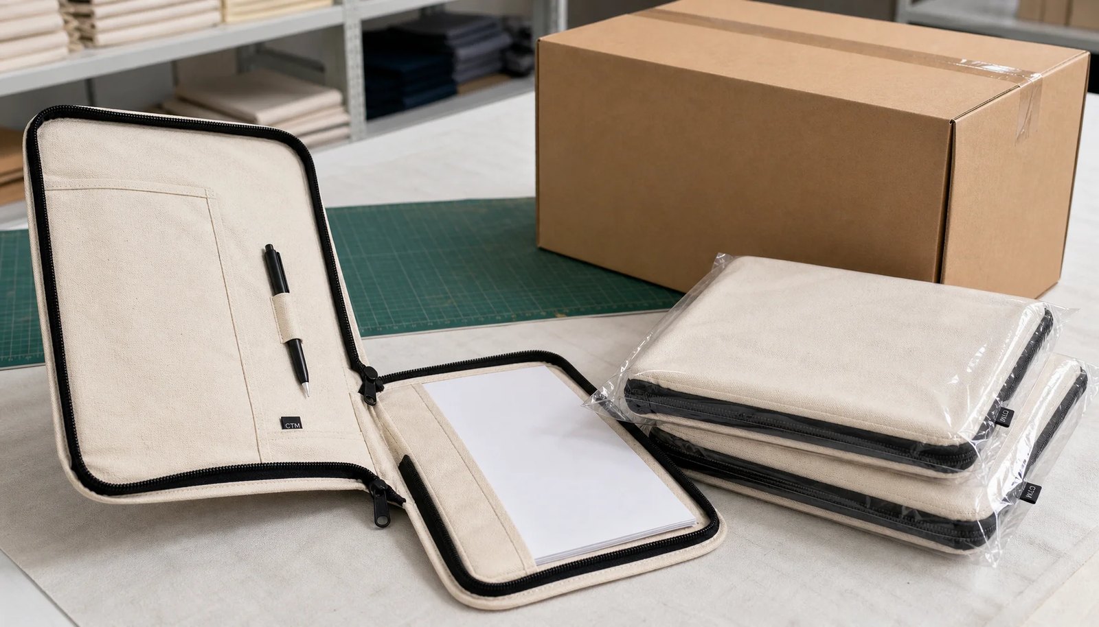 Canvas zipper portfolios with CTM sample label and export carton for university bookstore carton planning