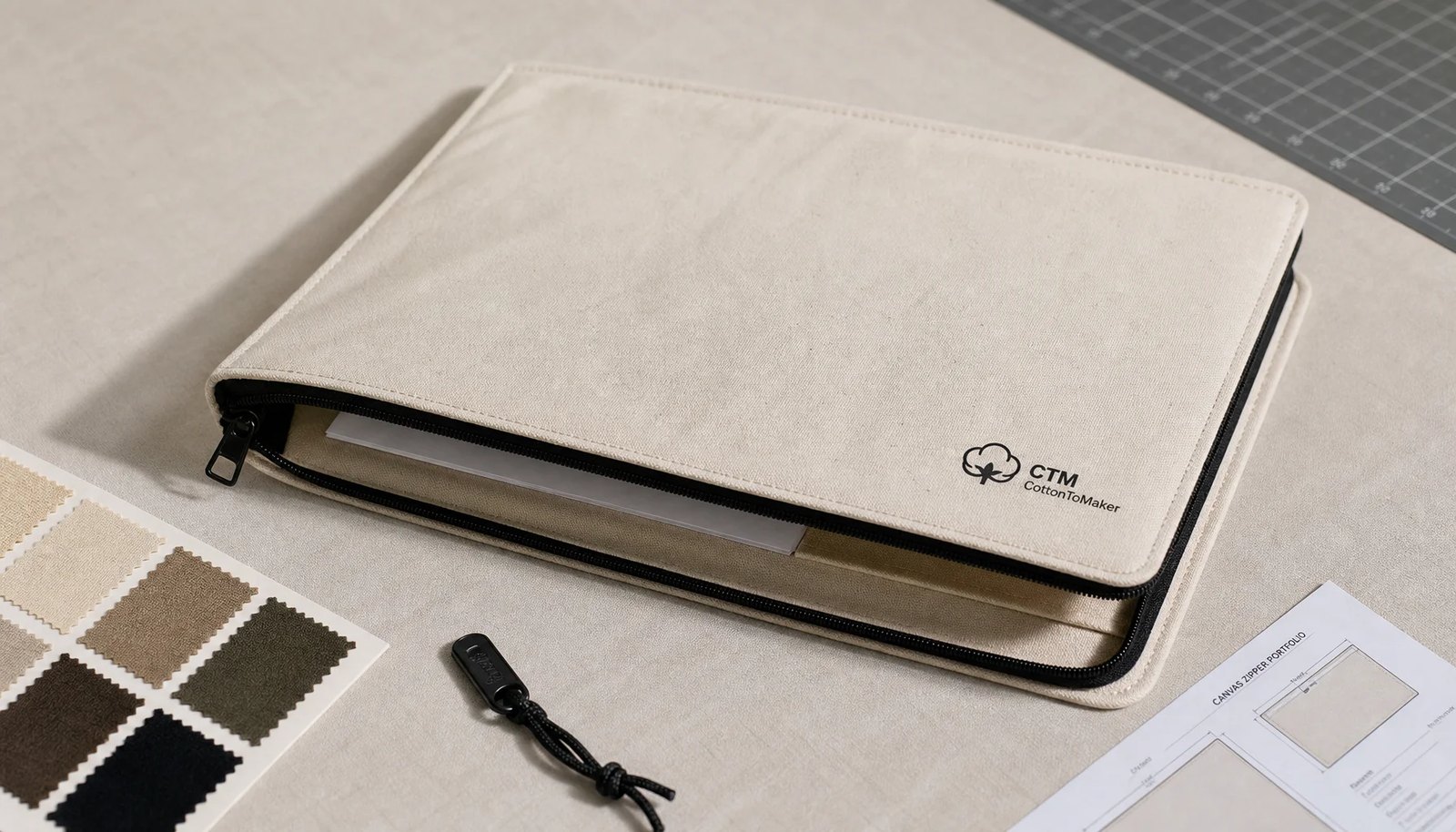 Natural canvas zipper portfolio with CTM sample logo, zipper detail, stitching, and print proof sheet in a clean studio setup