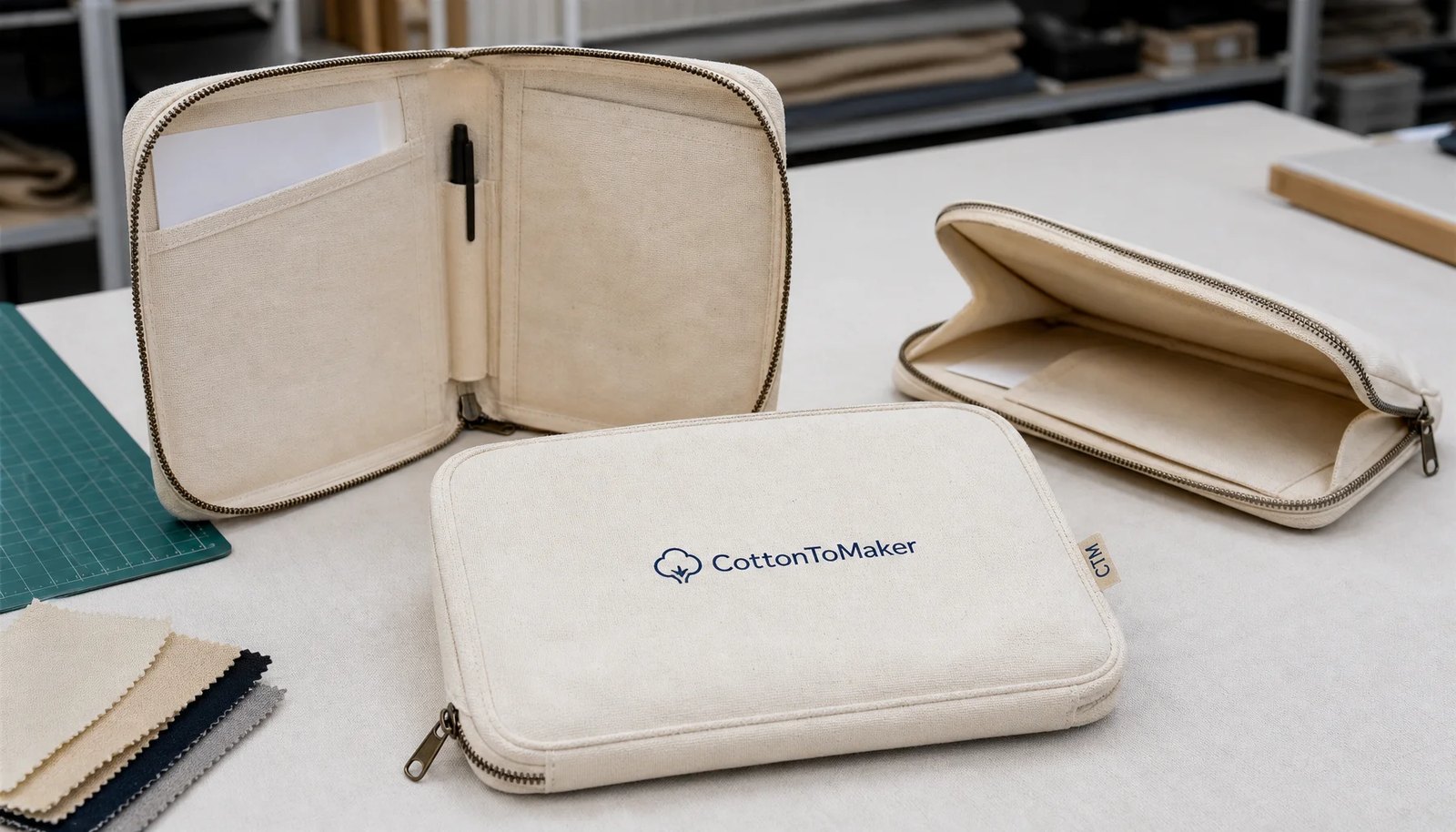 Canvas zipper portfolios with CTM sample logo for university bookstore sourcing