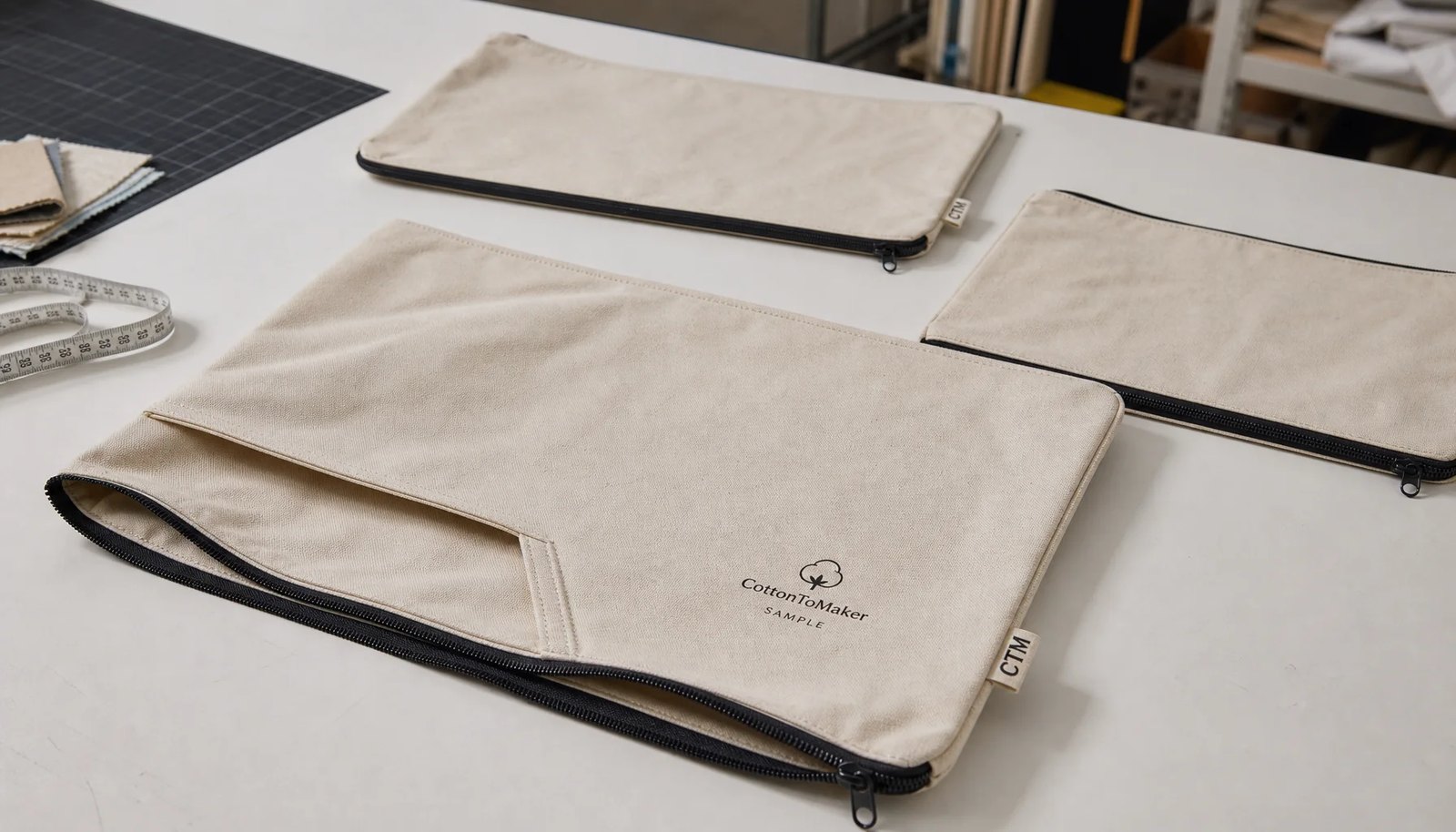 Cotton canvas zipper portfolios with CTM sample logo for university bookstore wholesale review