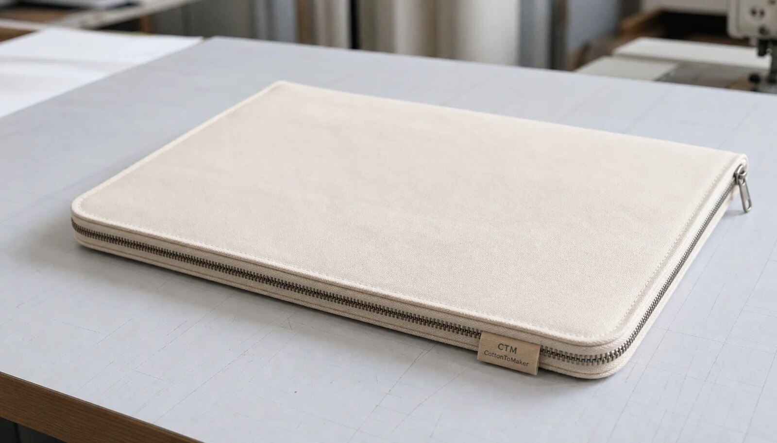 Natural canvas zipper portfolio with a small CTM woven side label, photographed in a clean factory sample room.
