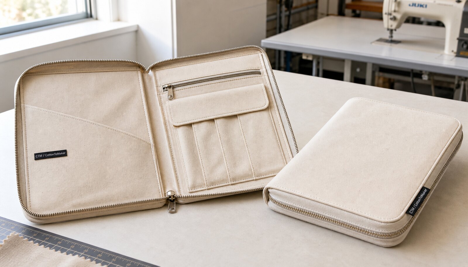 Photorealistic canvas zipper portfolio sample with a CTM / CottonToMaker side label in a factory sample room.