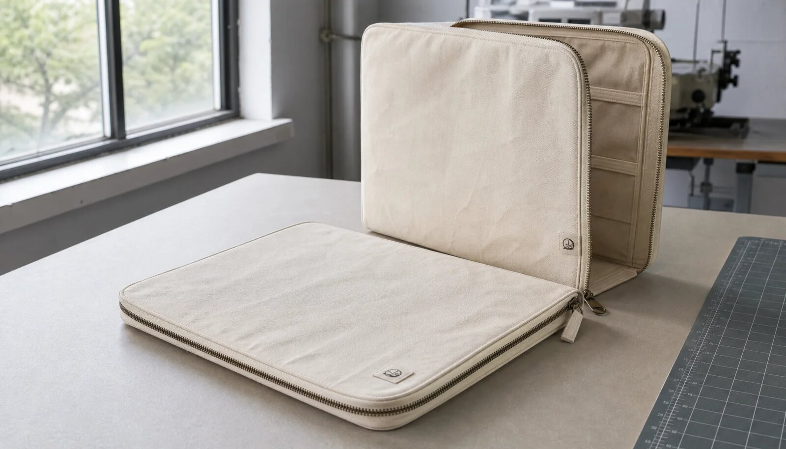Canvas zipper portfolio with visible zipper, stitching, and small CTM sample logo in a factory sample room