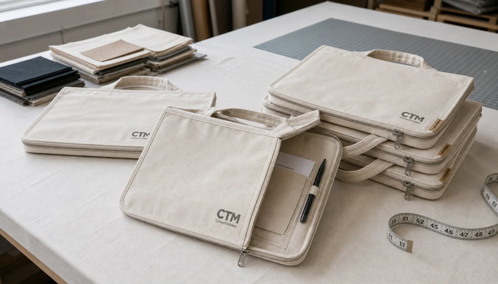 Natural canvas zipper portfolios with CTM logo and CottonToMaker side label on a sample room table