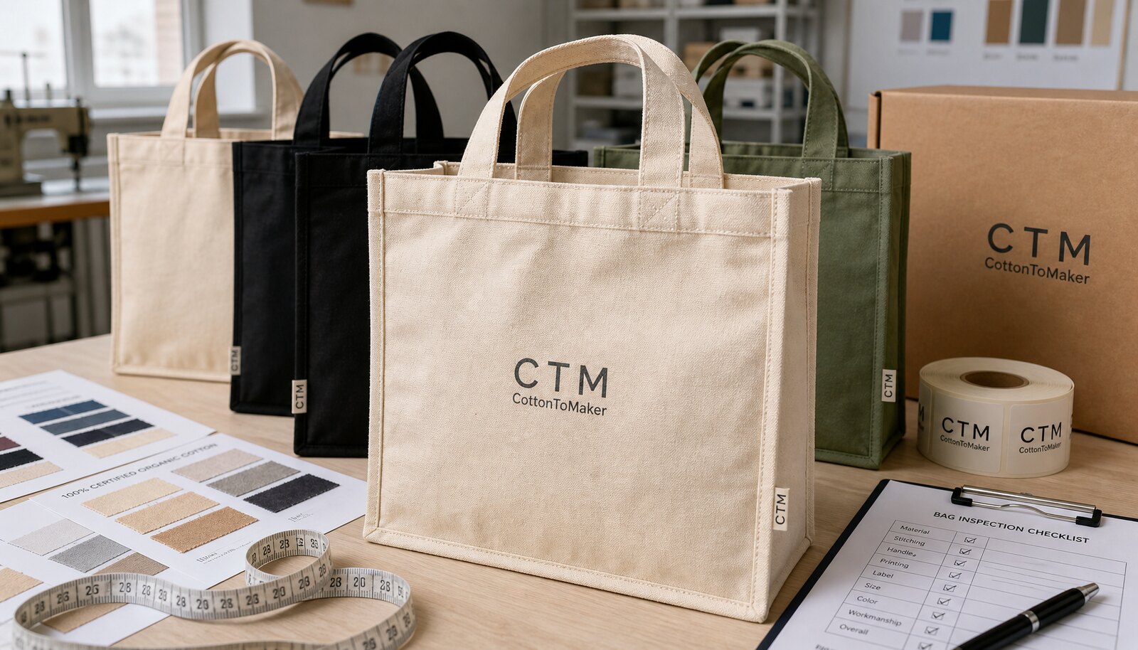 Certified cotton shopping bag samples with CTM logo, fabric swatches, measuring tape, and audit checklist in a factory sample room