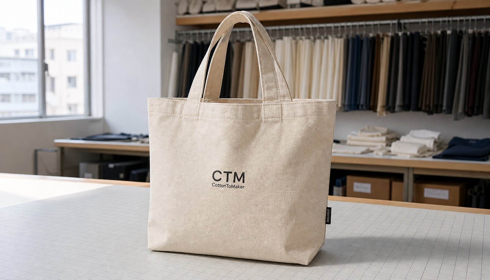 Natural canvas tote bag with a simple CottonToMaker logo printed directly on the front in a clean factory sample room