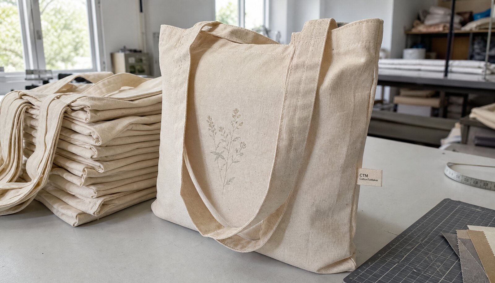 Photorealistic canvas tote bag sample with a small CTM CottonToMaker woven side label in a clean factory sample room