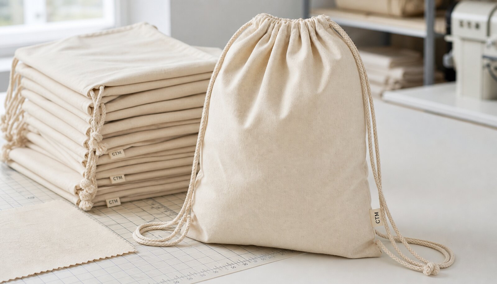 Photorealistic drawstring backpack sample with a small CTM CottonToMaker label in a factory sample room