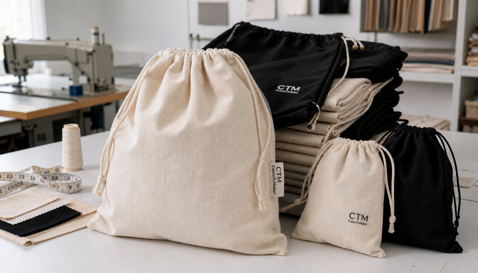 Photorealistic sample-room image of custom drawstring bags with a small CTM/CottonToMaker logo sewn or printed on the bag.