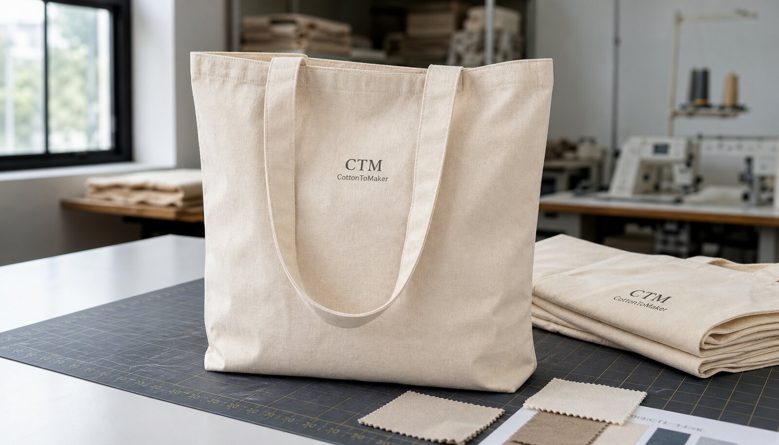 Natural cotton tote bag with a small CTM sample logo printed on the front in a clean factory sample room