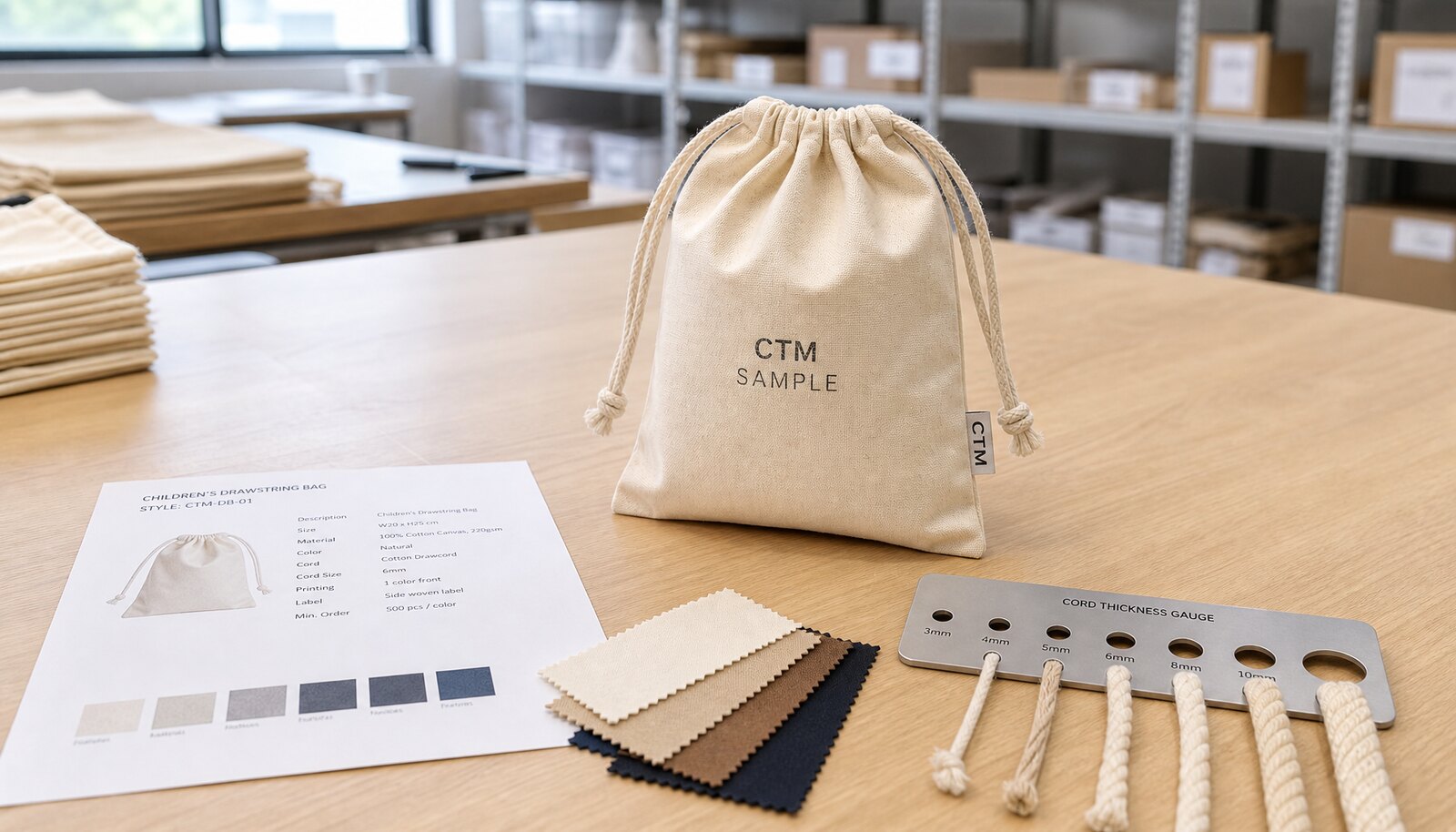 A children's drawstring bag with a CTM sample logo, spec sheet, and fabric swatches in a clean factory sample room.