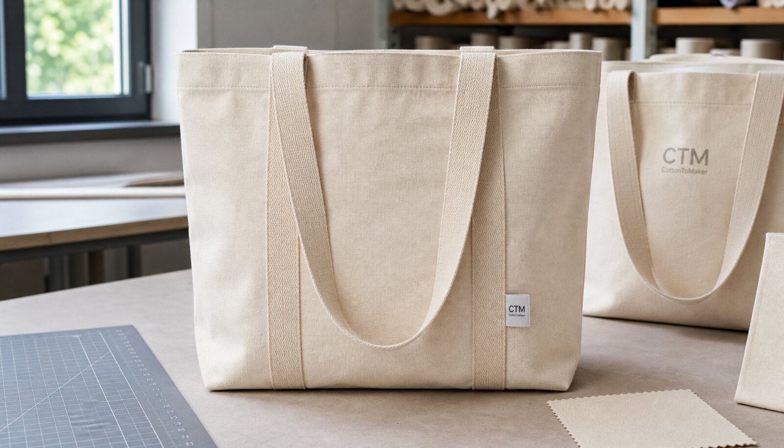 Natural canvas retail merchandise tote bags with a simple CTM CottonToMaker sample logo in a factory sample room