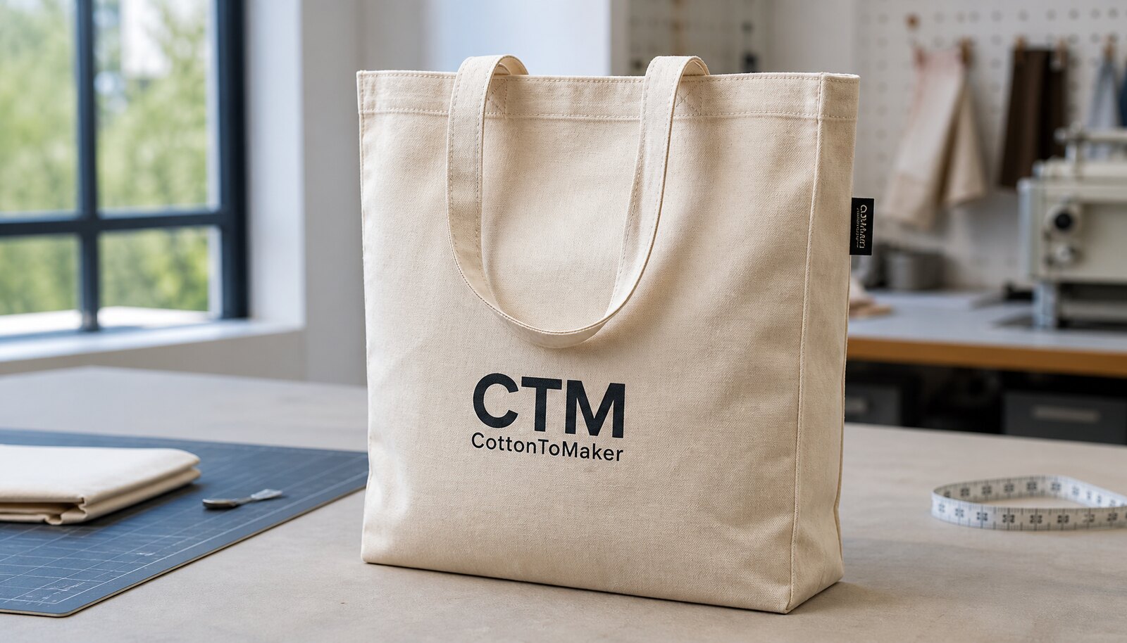 Natural canvas shopping bag with a simple CTM/CottonToMaker logo in a factory sample room