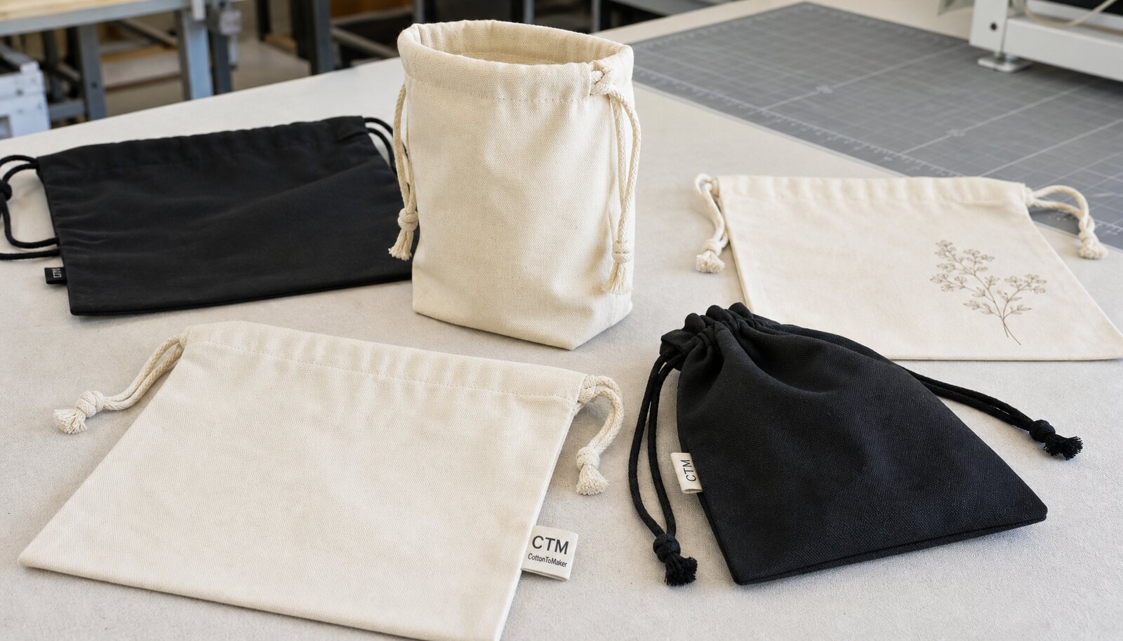 Cosmetic drawstring pouches with a simple CTM/CottonToMaker sewn side label in a factory sample room