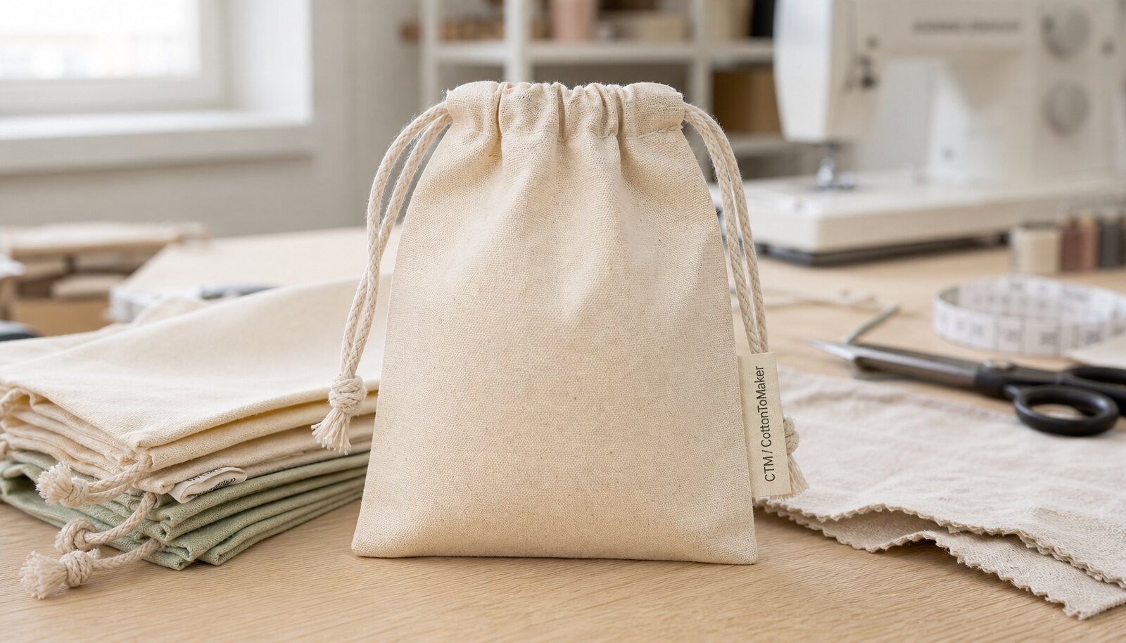 Natural cotton cosmetic drawstring pouches for events with a CTM side label in a clean sample room.