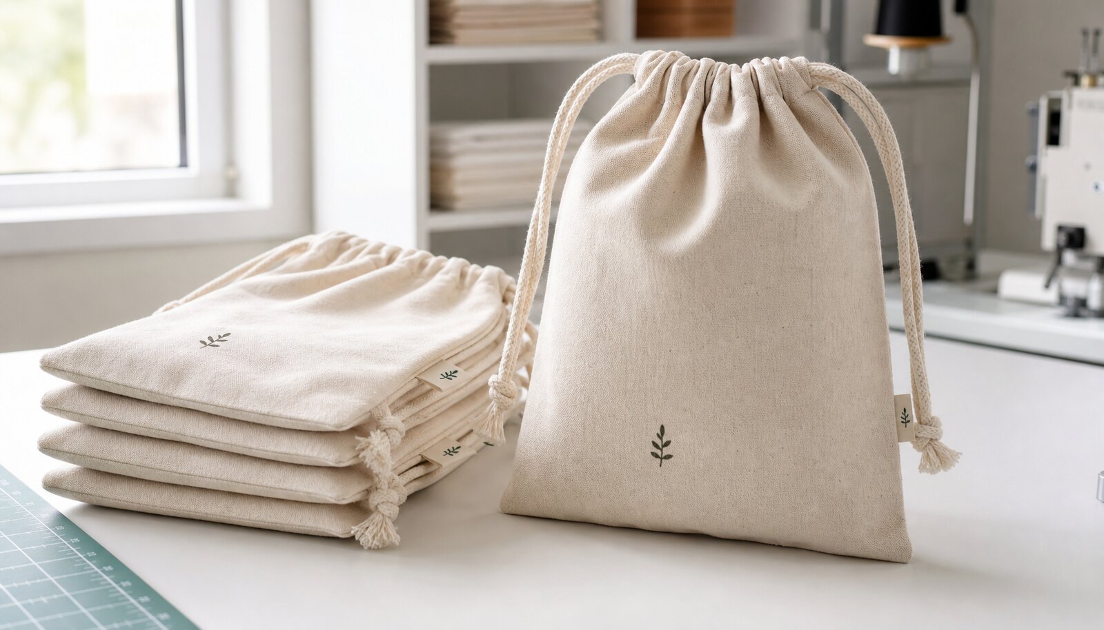 Cosmetic drawstring pouches for hotels displayed in a factory sample room with a small CTM logo printed on one pouch