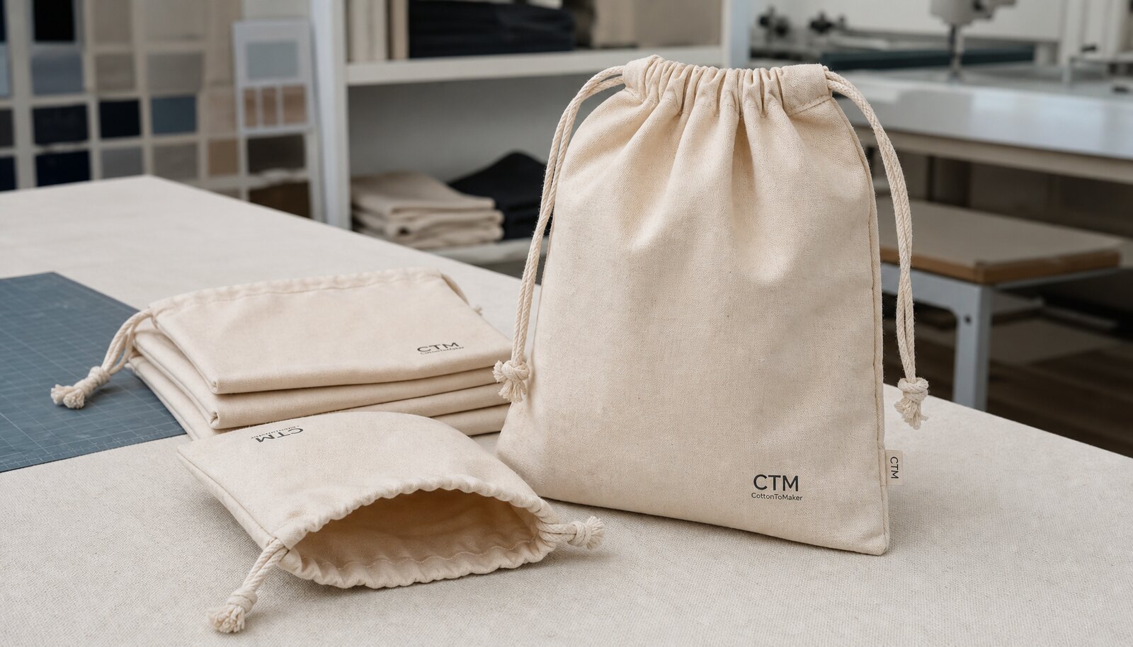 Photorealistic cosmetic drawstring pouches with a small CTM/CottonToMaker logo printed directly on the product in a factory sample room