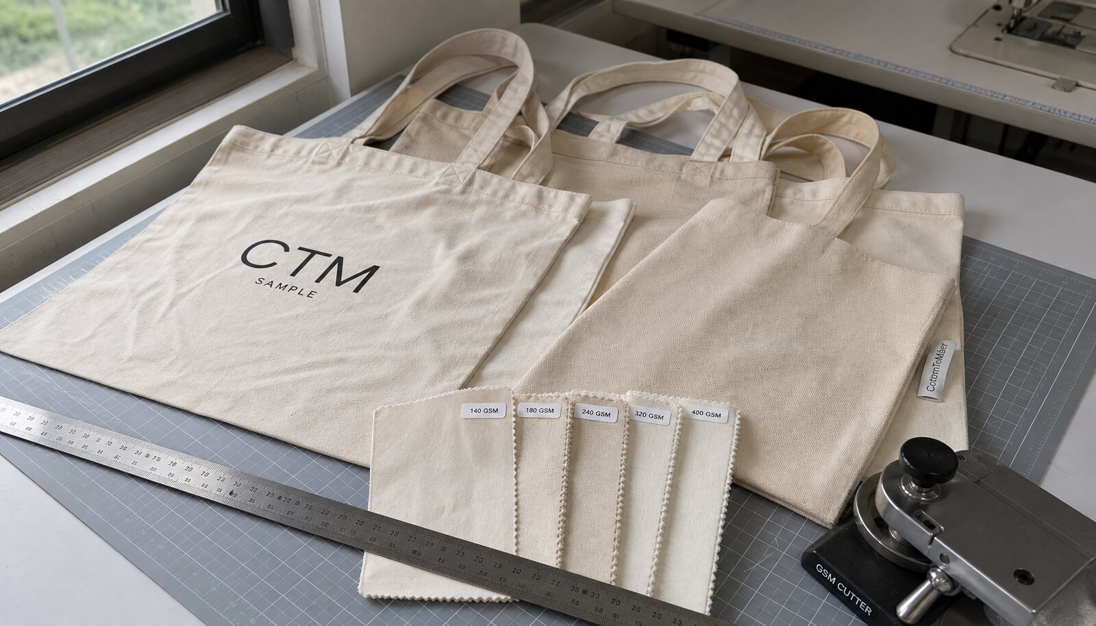 Organic cotton tote bag samples with CTM logo showing different GSM fabric thicknesses in a factory sample room
