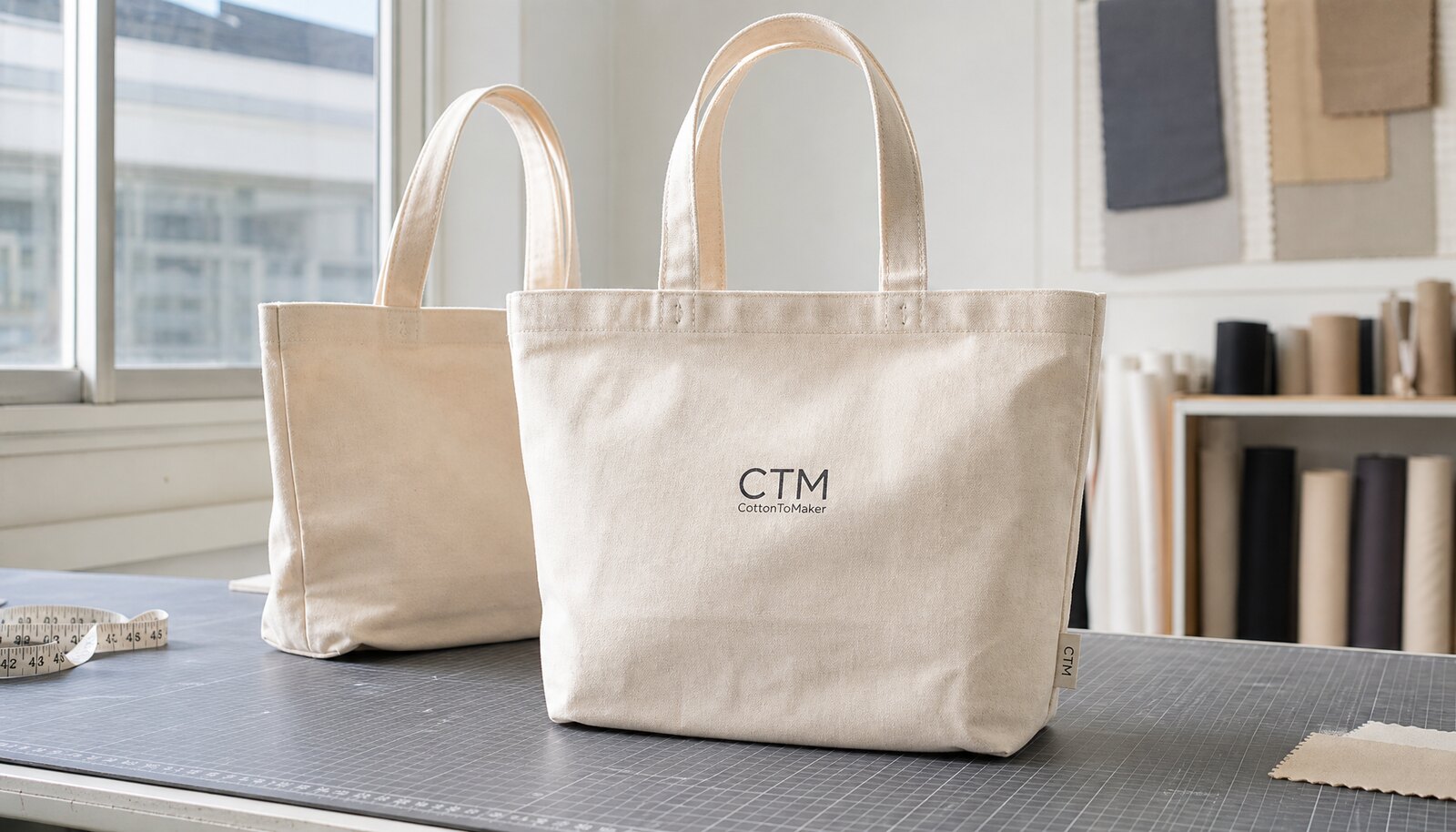 Natural cotton tote bag with a simple CTM/CottonToMaker logo printed in a factory sample room