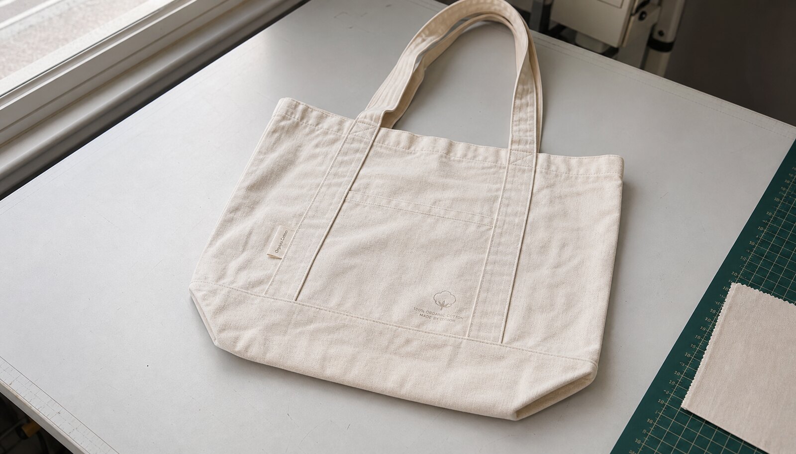 Natural cotton tote bag with a small CTM sample logo in a clean factory sample room