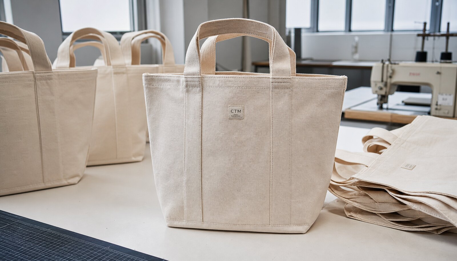 Natural cotton tote bags personalized with a simple CTM/CottonToMaker sample logo in a factory sample room