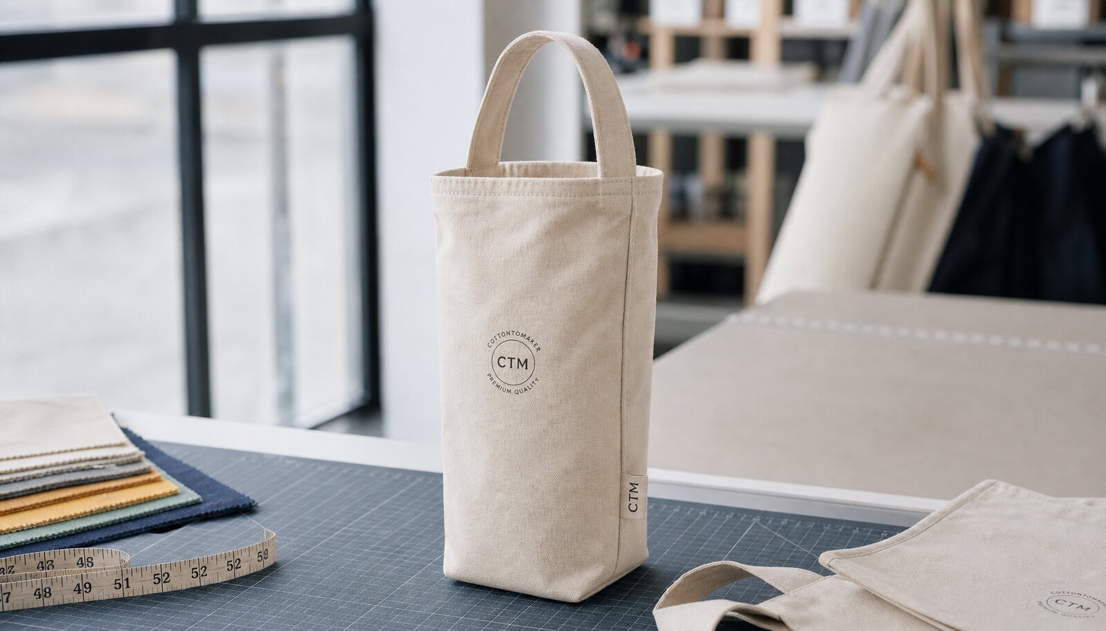 Cotton bottle bag sample with CTM logo printed on the front in a factory sample room