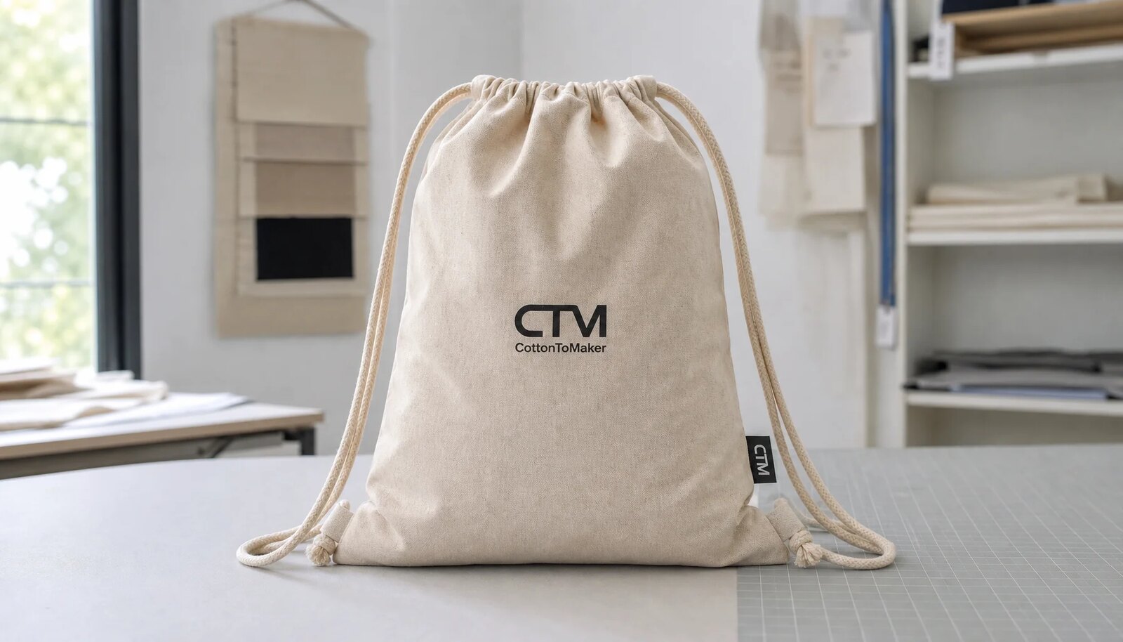Natural cotton drawstring backpack with a simple CTM logo printed on the front and a small woven side label in a clean studio setting.