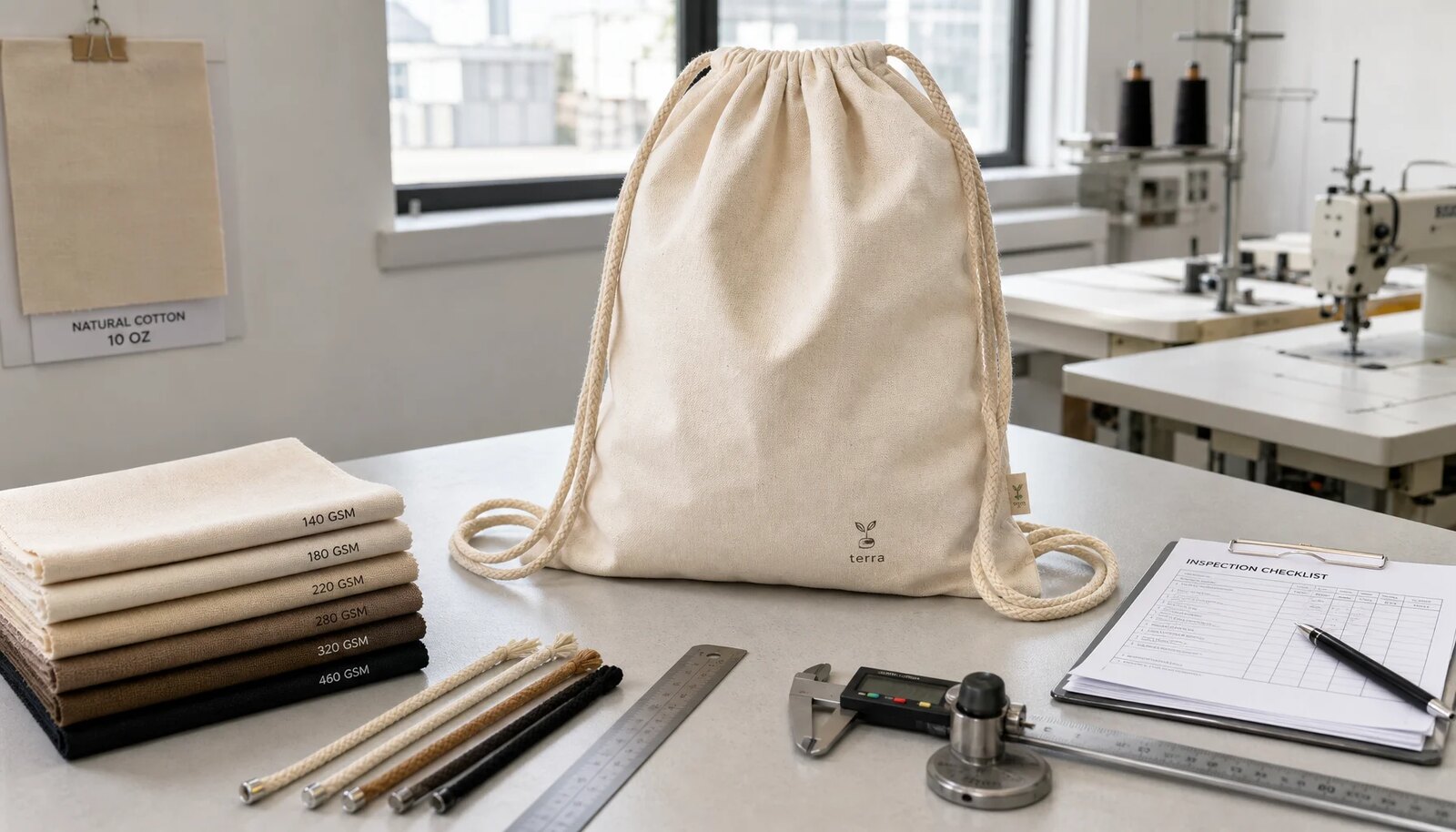 Natural cotton drawstring backpack with CTM sample logo beside fabric swatches, cords, ruler, and inspection tools