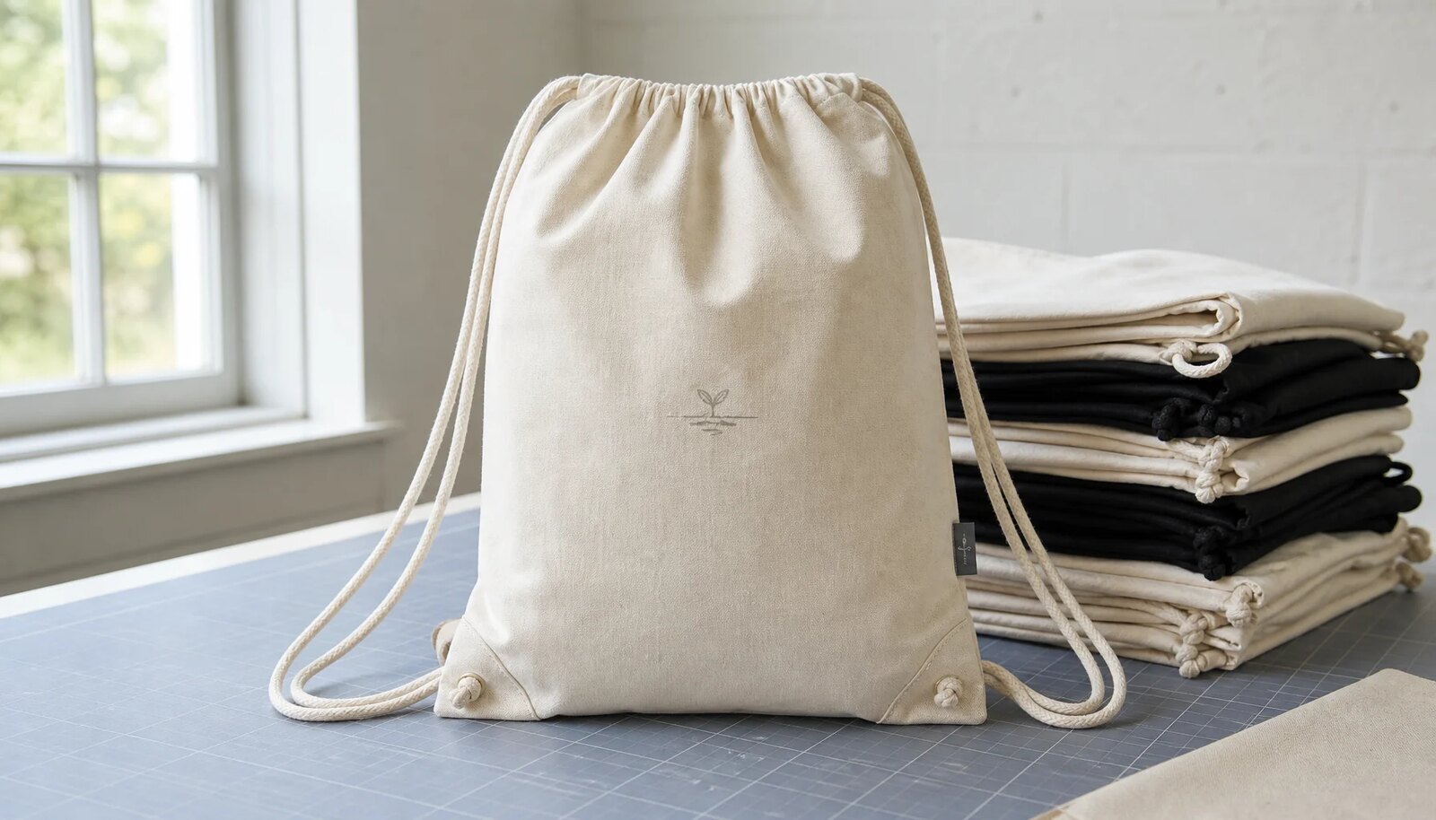 Cotton drawstring backpacks with a simple CTM sample logo and stitched side label in a factory sample room