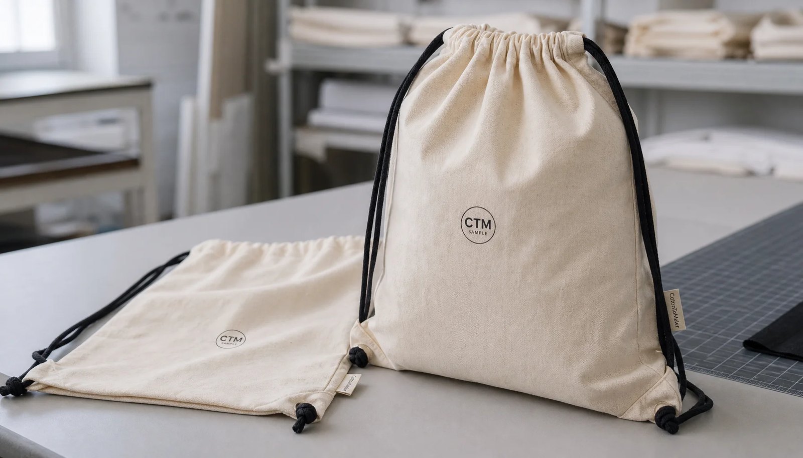 Natural cotton drawstring backpack sample with CTM logo for university bookstore sourcing