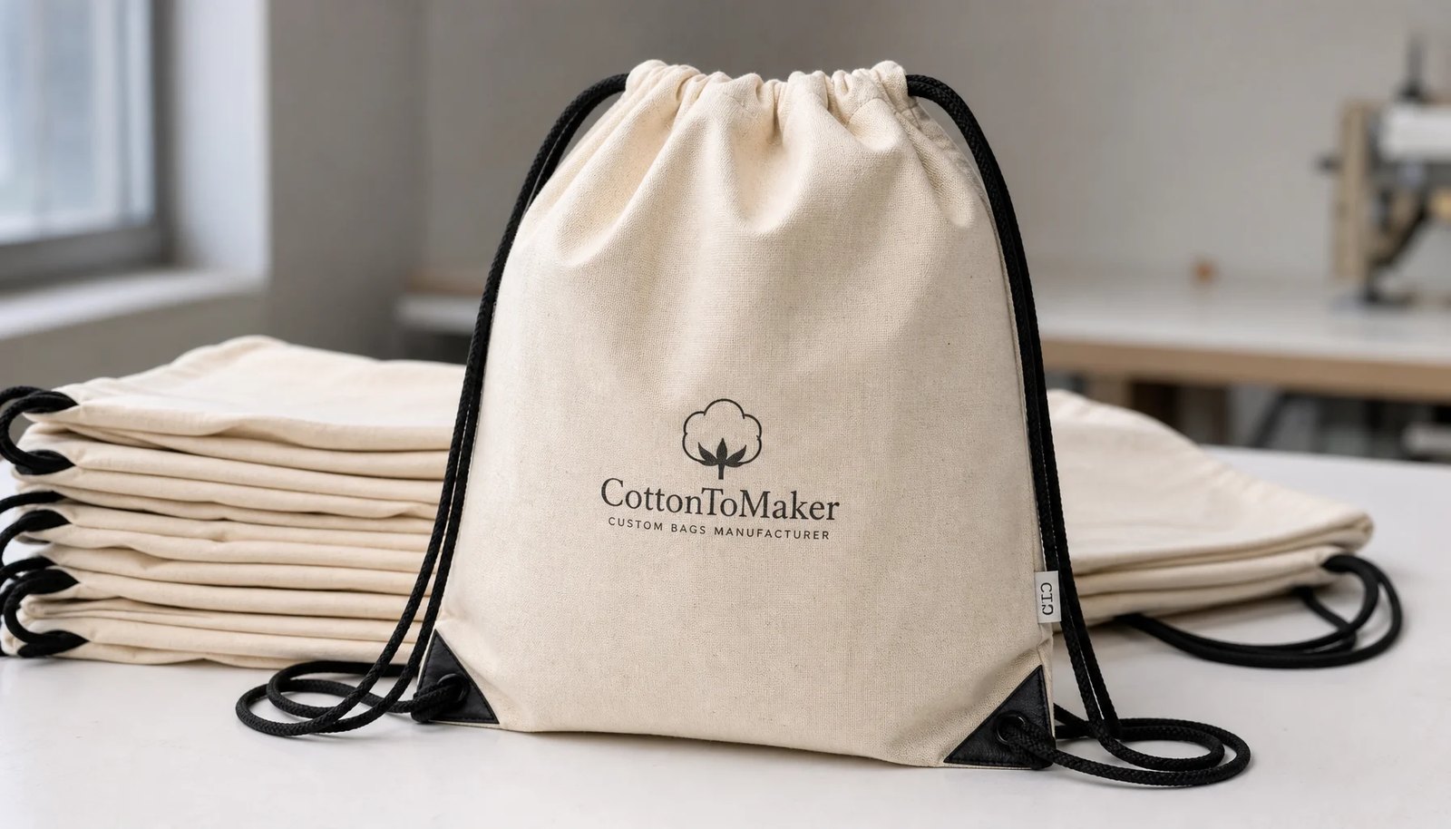 Natural cotton drawstring backpacks with CTM sample logo in a clean factory sample room