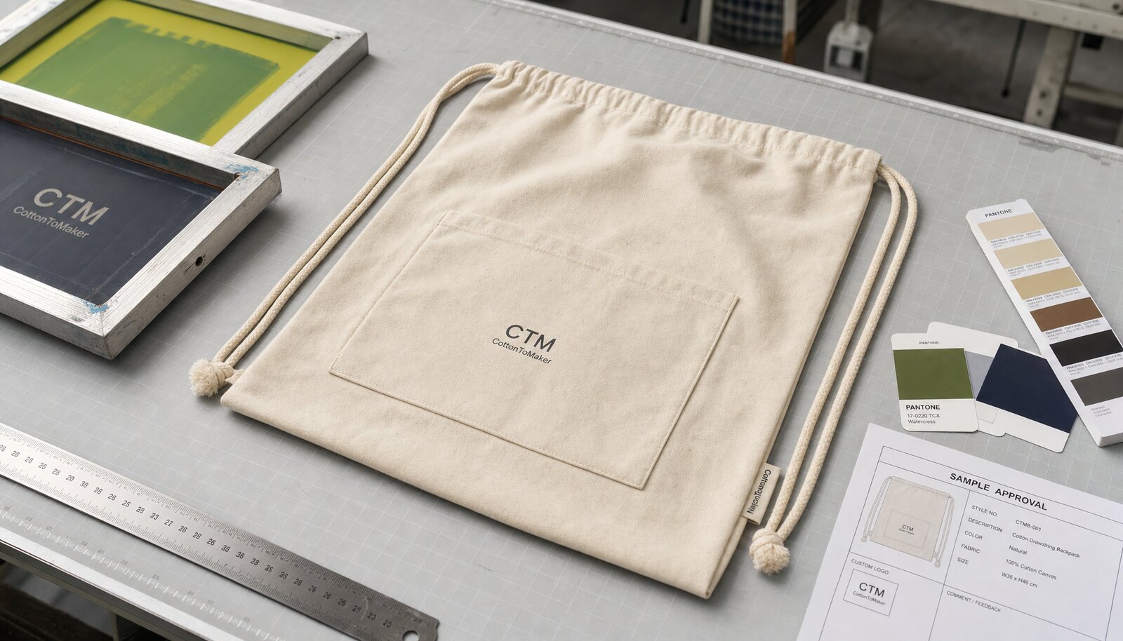 Natural cotton drawstring backpack with a small CTM sample logo printed on the front in a clean factory sample room
