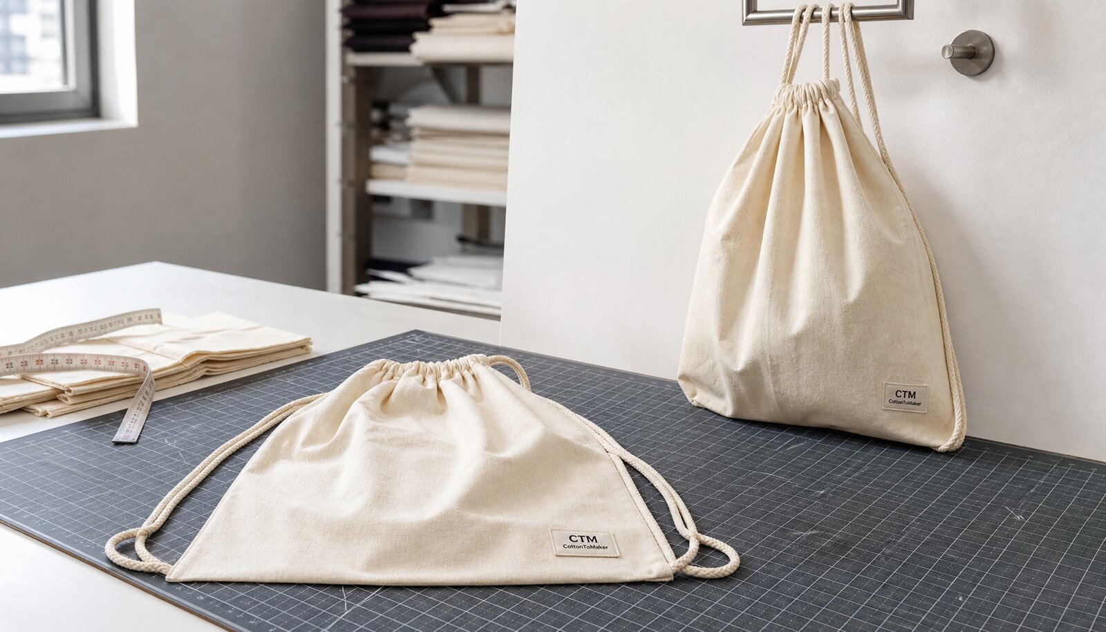 Photorealistic cotton drawstring backpack sample with a small CTM / CottonToMaker label in a factory sample room.