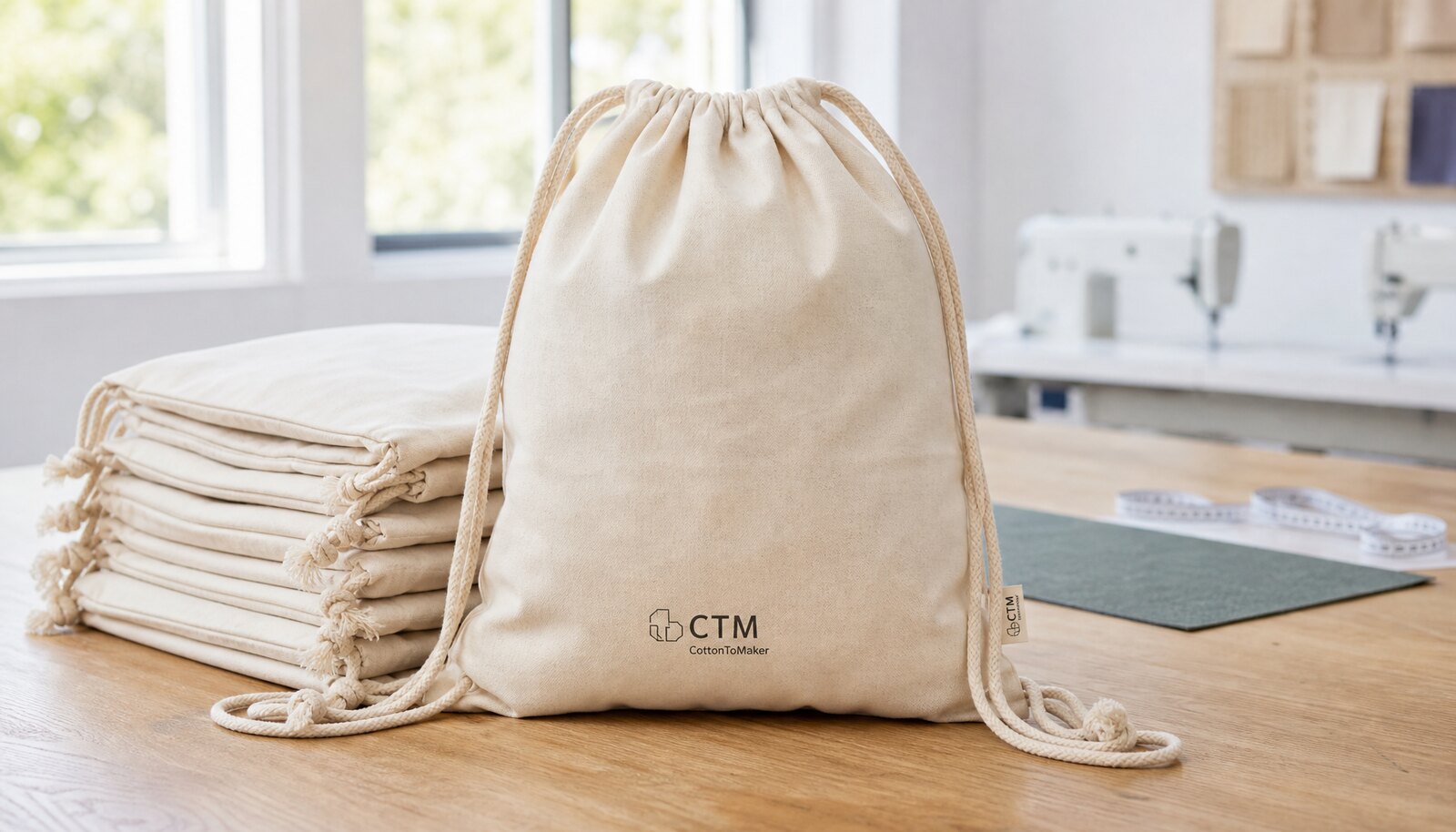 Natural cotton drawstring backpack in a factory sample room with a small CTM/CottonToMaker logo printed on the front